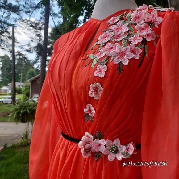 Orange Embellished Pleated Long Sleeve Gown - Picture 14 of 16